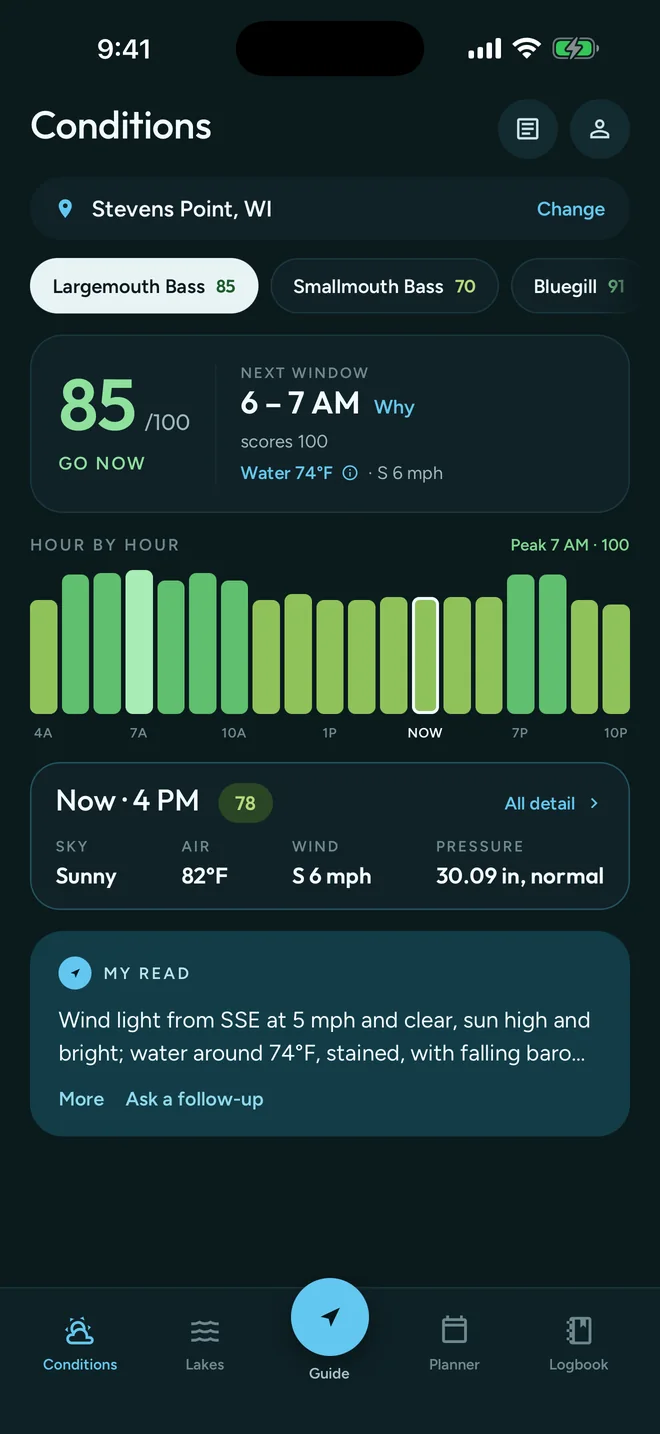 GuideHour Conditions screen showing an 85 out of 100 bite score for largemouth bass and an hour-by-hour chart
