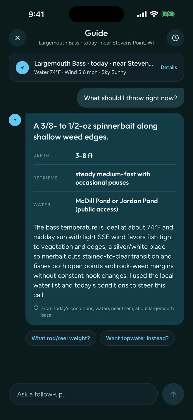 GuideHour Guide screen answering what to throw with lure, depth, retrieve and water recommendations