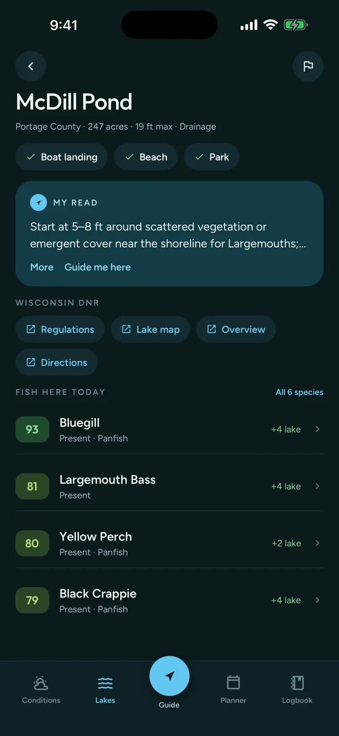 GuideHour lake detail screen with amenities, DNR links and the species present with their scores