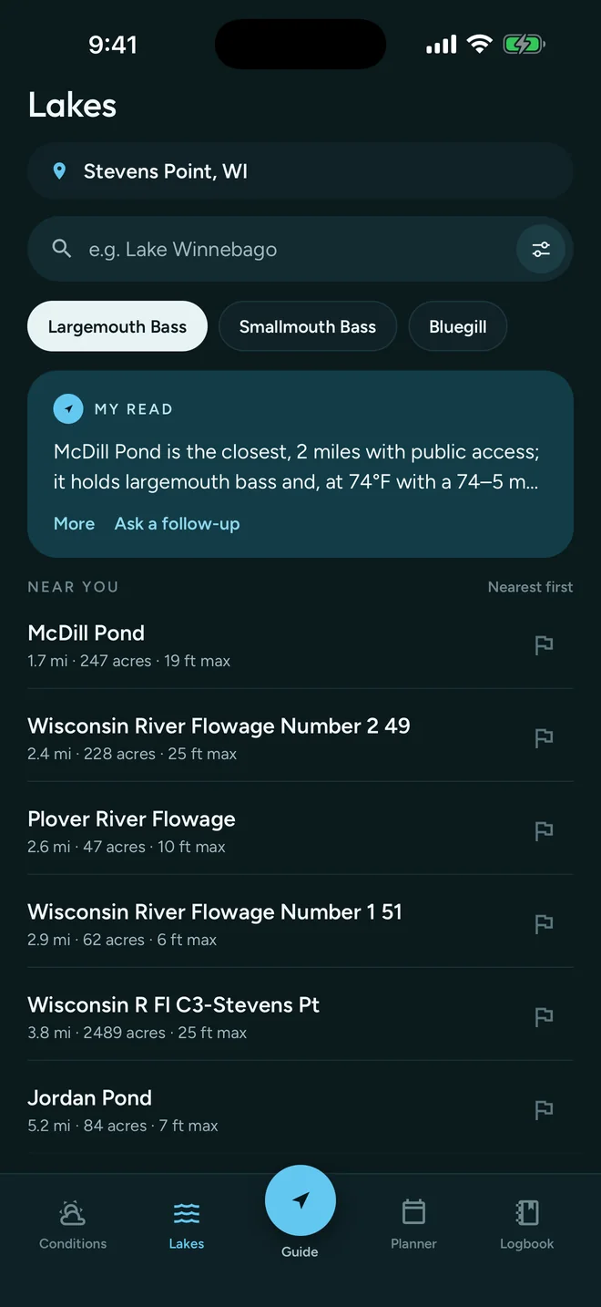 GuideHour Lakes screen listing nearby lakes with distance, acreage and max depth