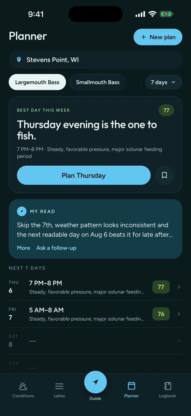 GuideHour Planner screen showing the best day this week and the best window on each of the next seven days